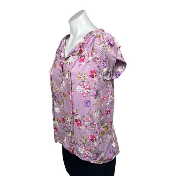 Buffalo David Bitton Purple Split V-Neck Flutter Sleeve Floral Blouse Top Size M - Picture 2 of 7